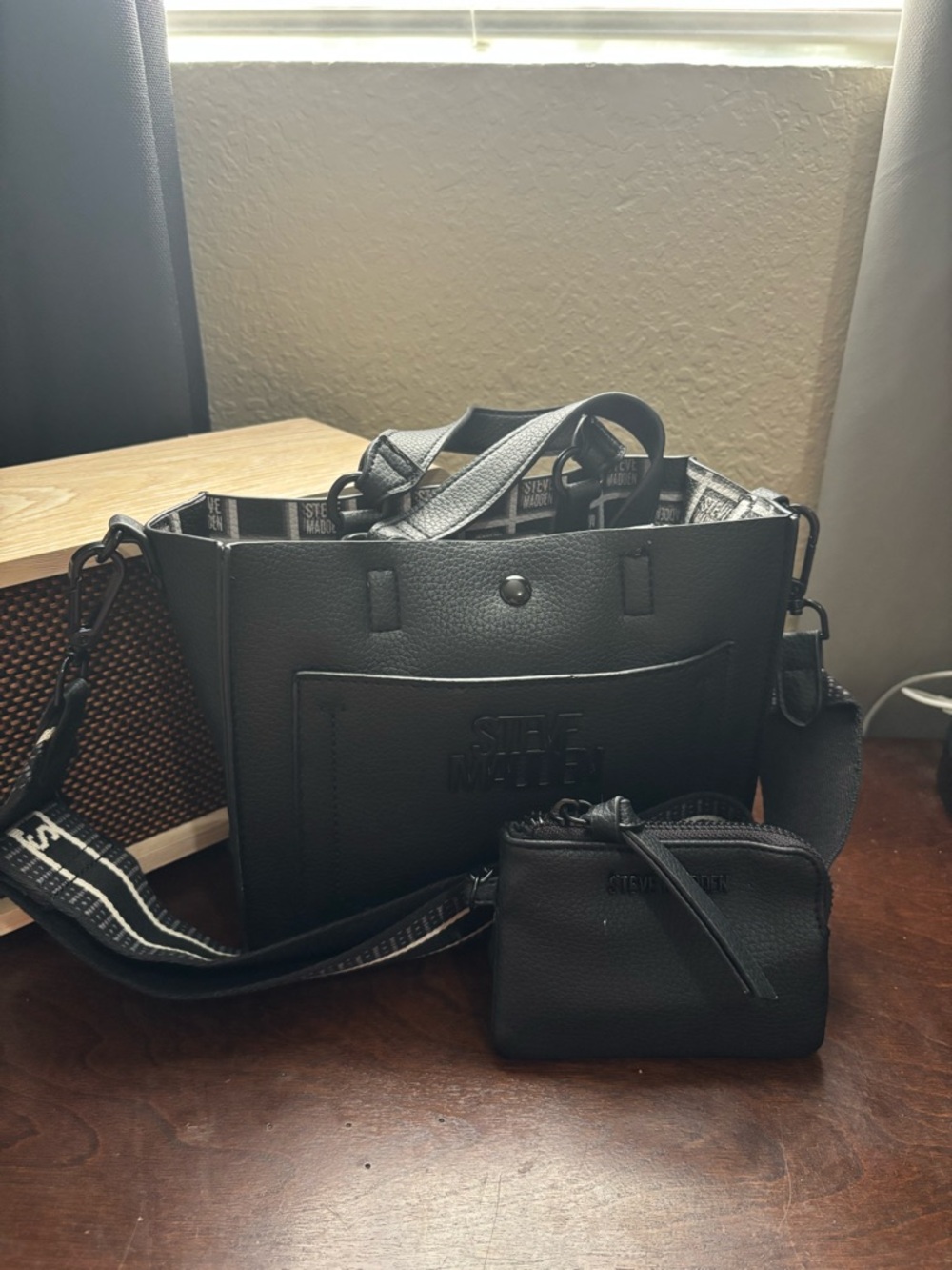 Steve Madden Black Pebbled Messenger Tote with Removable Pouch